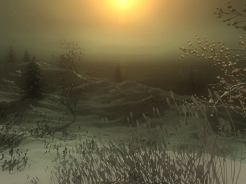 Winter sunset over snowy hills