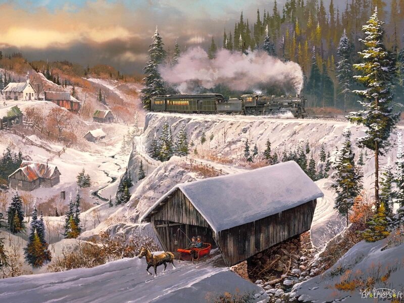Winter train journey painting
