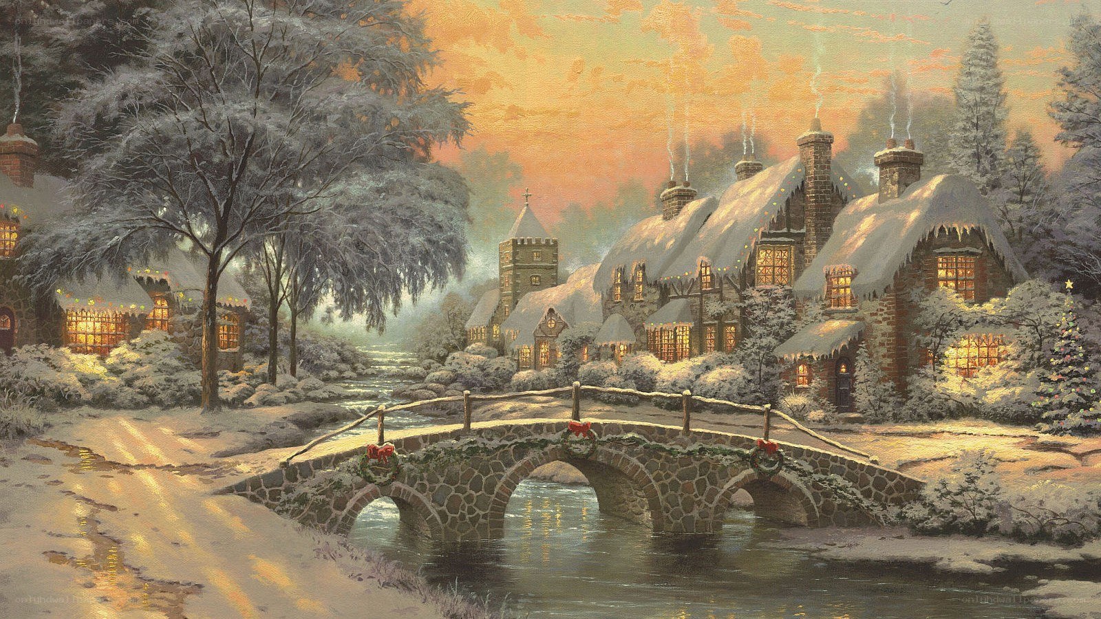 Winter village at dusk