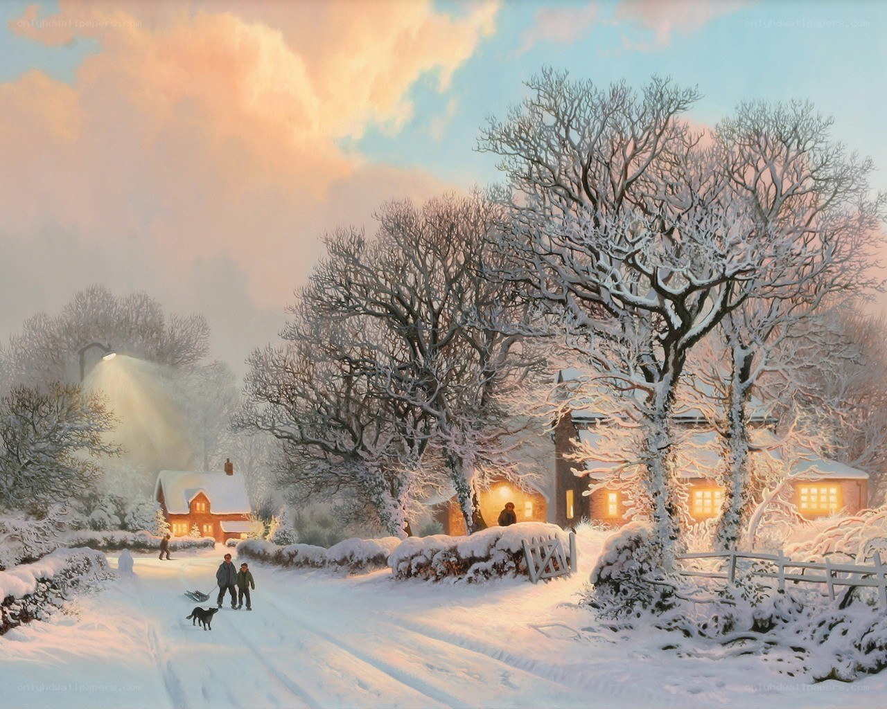 Winter village at dusk