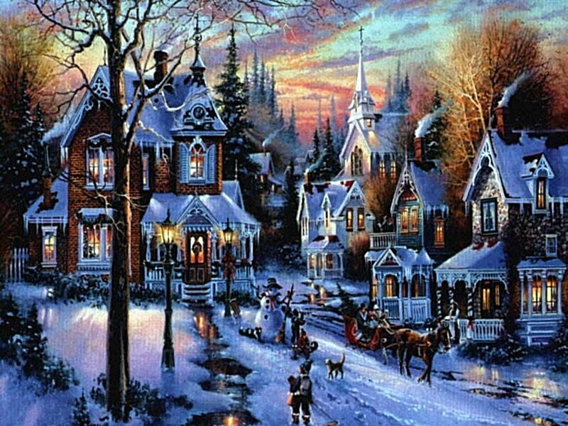 Winter village at dusk