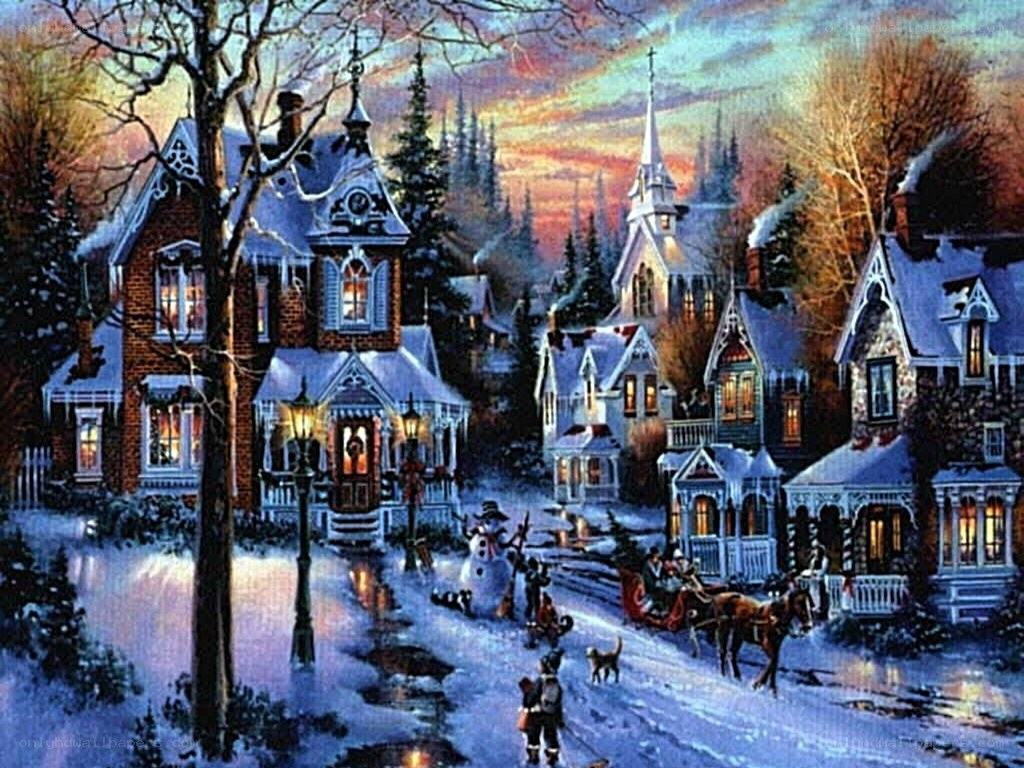 Winter village at dusk