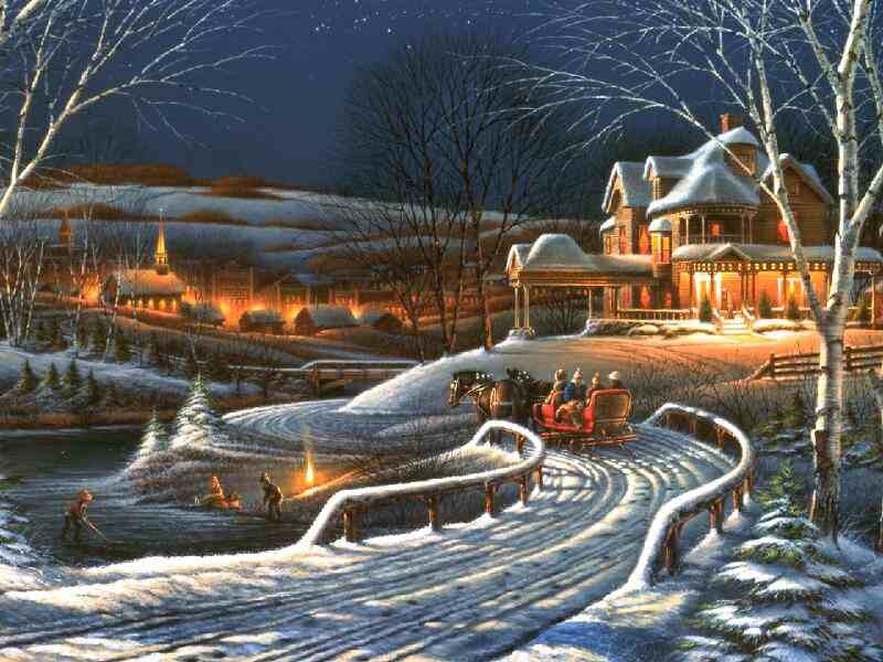 Winter village at night