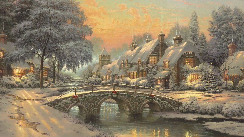 Winter village at sunset