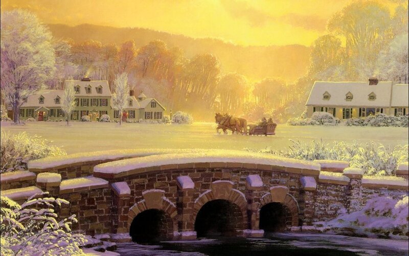 Winter village at sunset