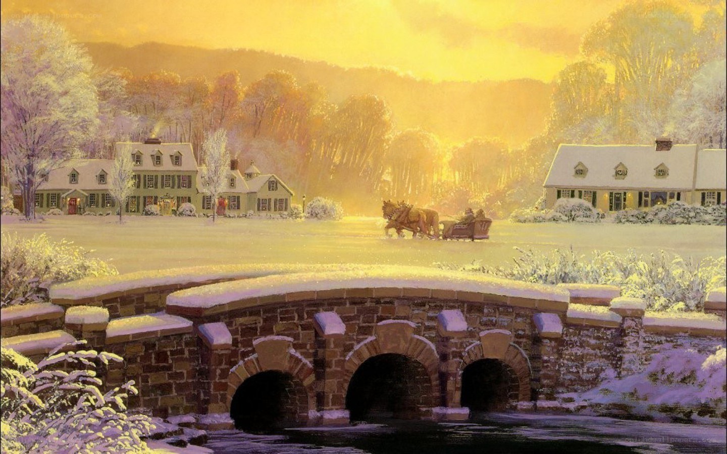 Winter village at sunset