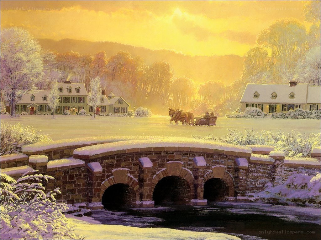 Winter village at sunset