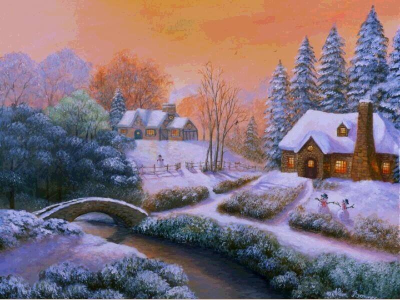 Winter village at sunset