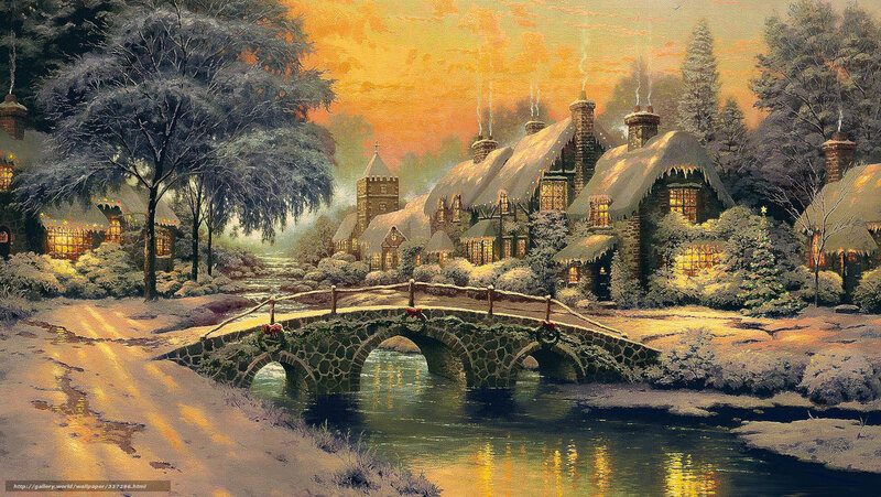 Winter village at sunset