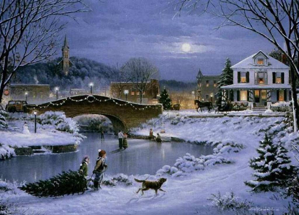Winter village by moonlight
