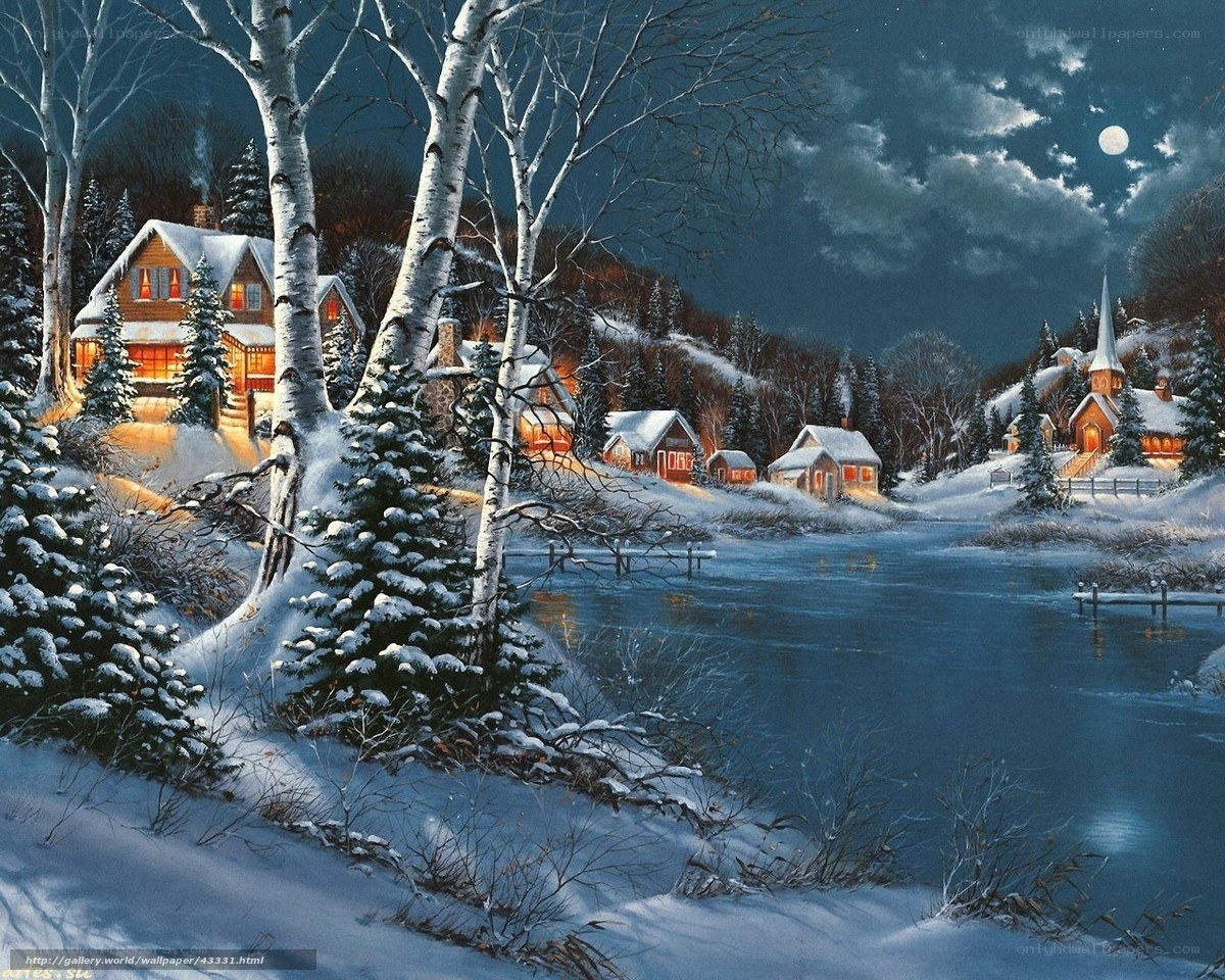 Winter village by moonlight
