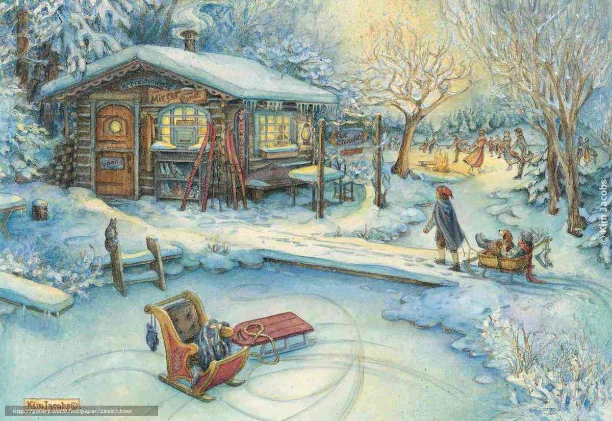 Winter village scene with cabin
