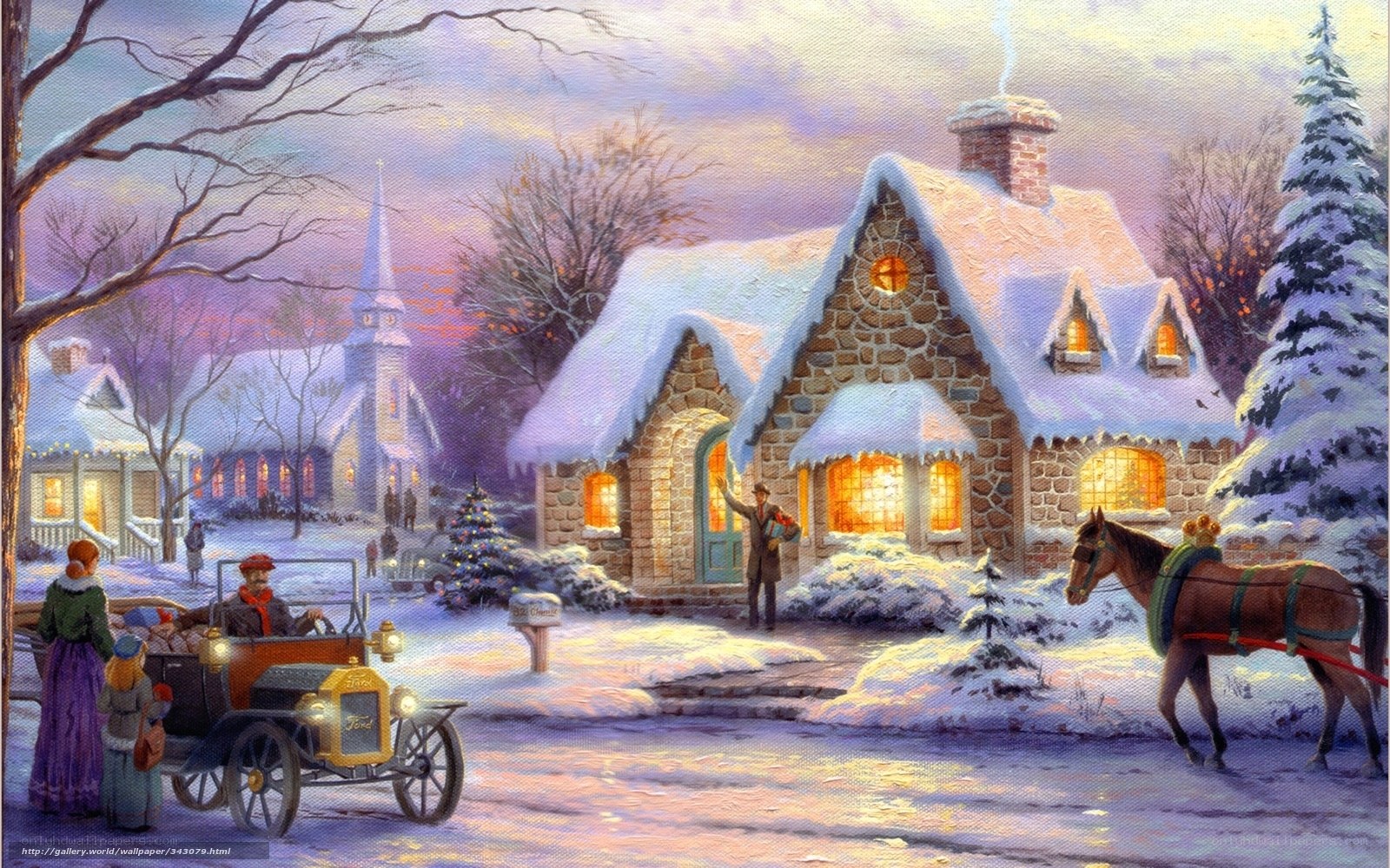 Winter village scene with horse-drawn car