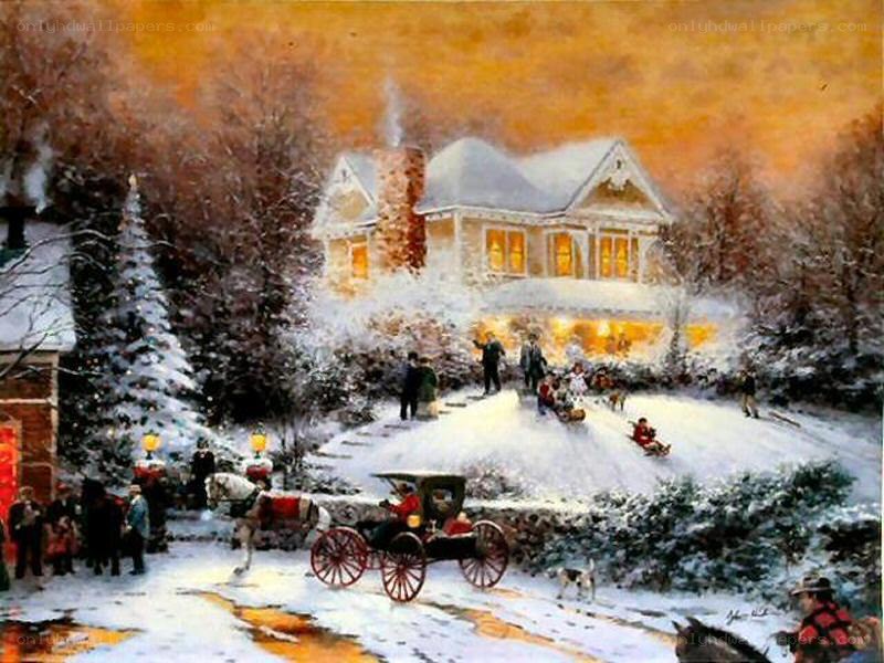 Winter village scene with sledding