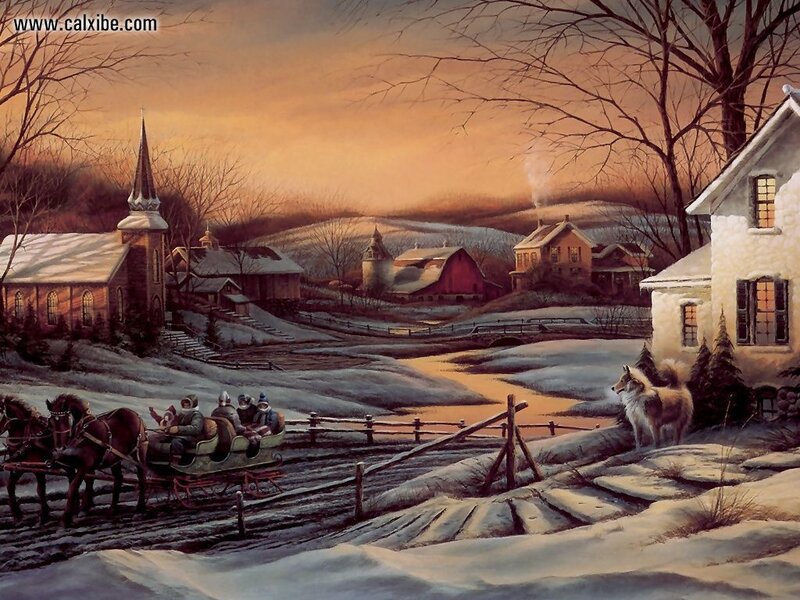 Winter village scene with sleigh