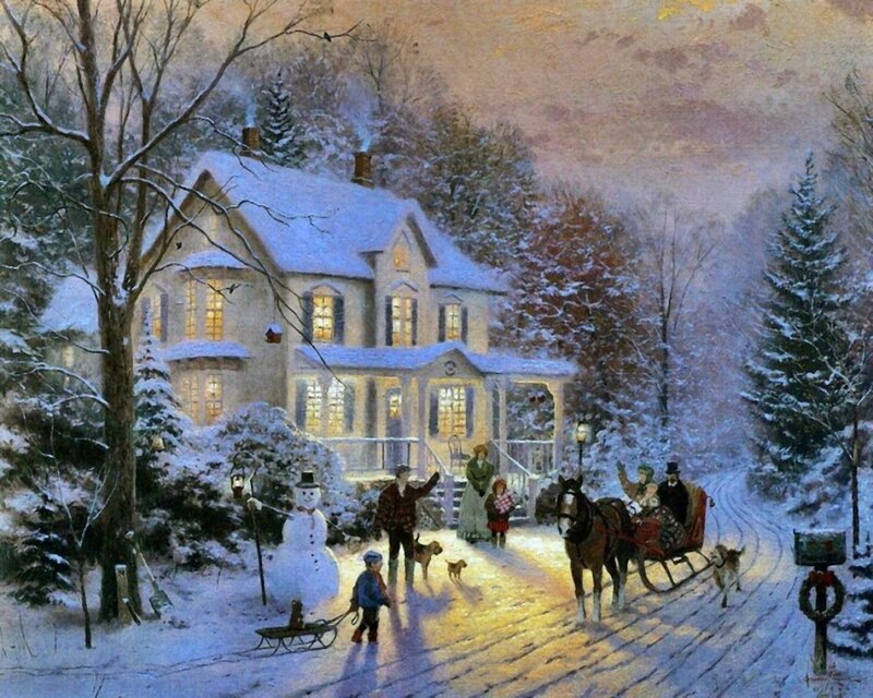 Winter village scene with sleigh