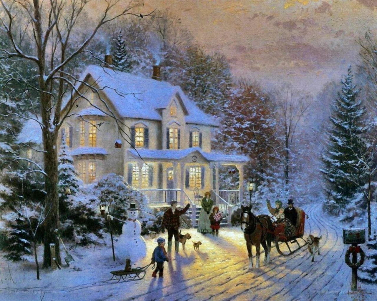 Winter village scene with sleigh