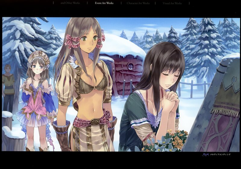 Winter village scene with three girls