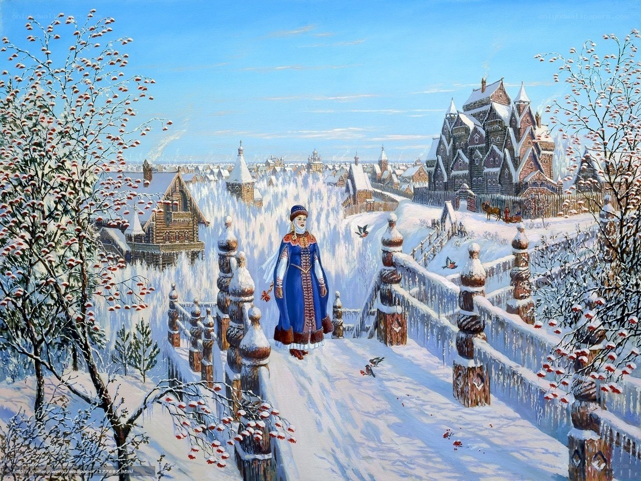 Winter village scene with woman