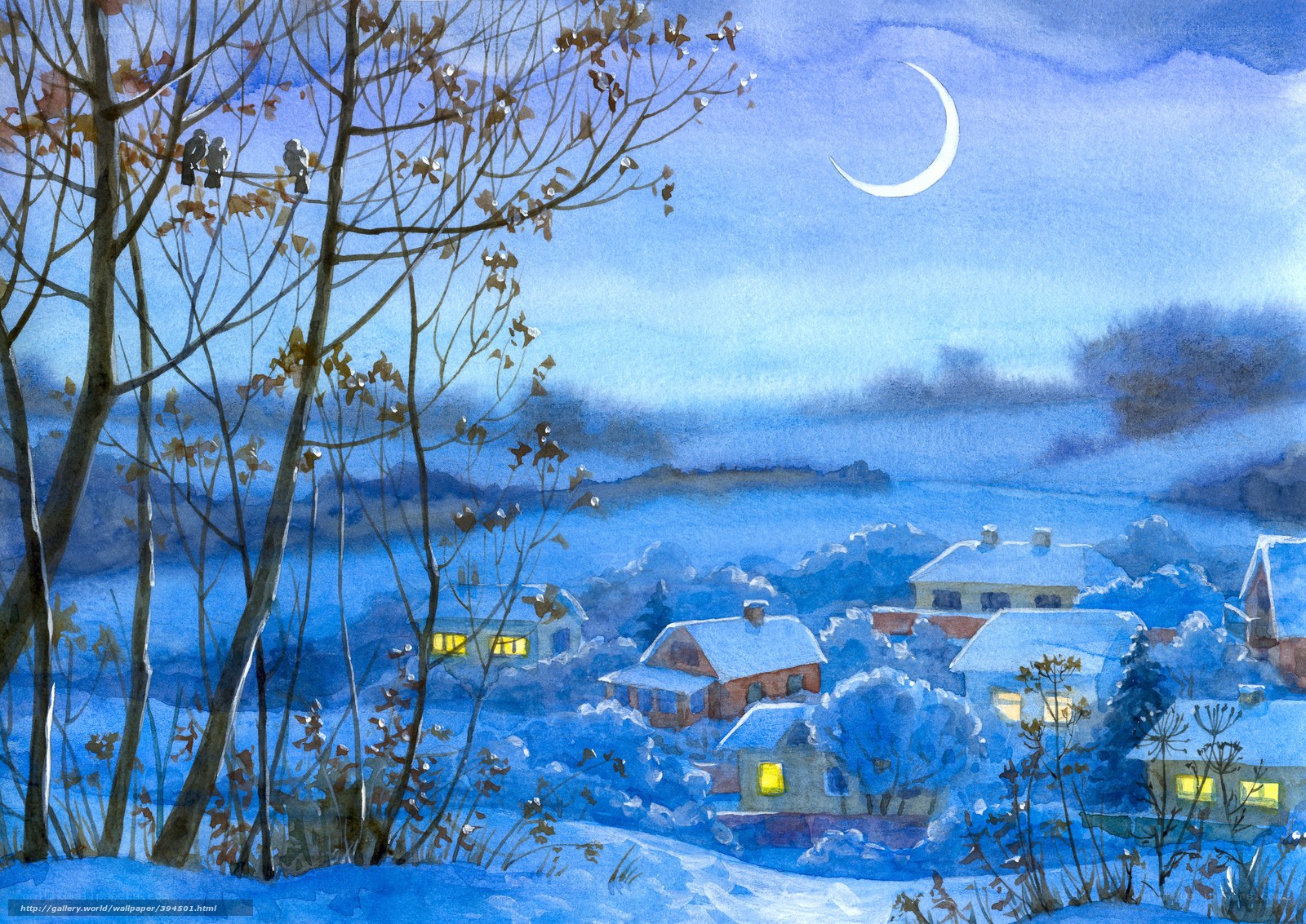 Winter village under crescent moon