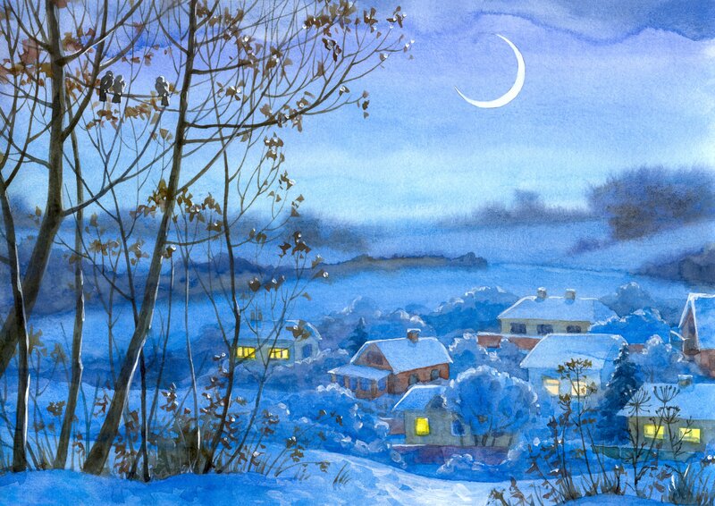 Winter village under crescent moon
