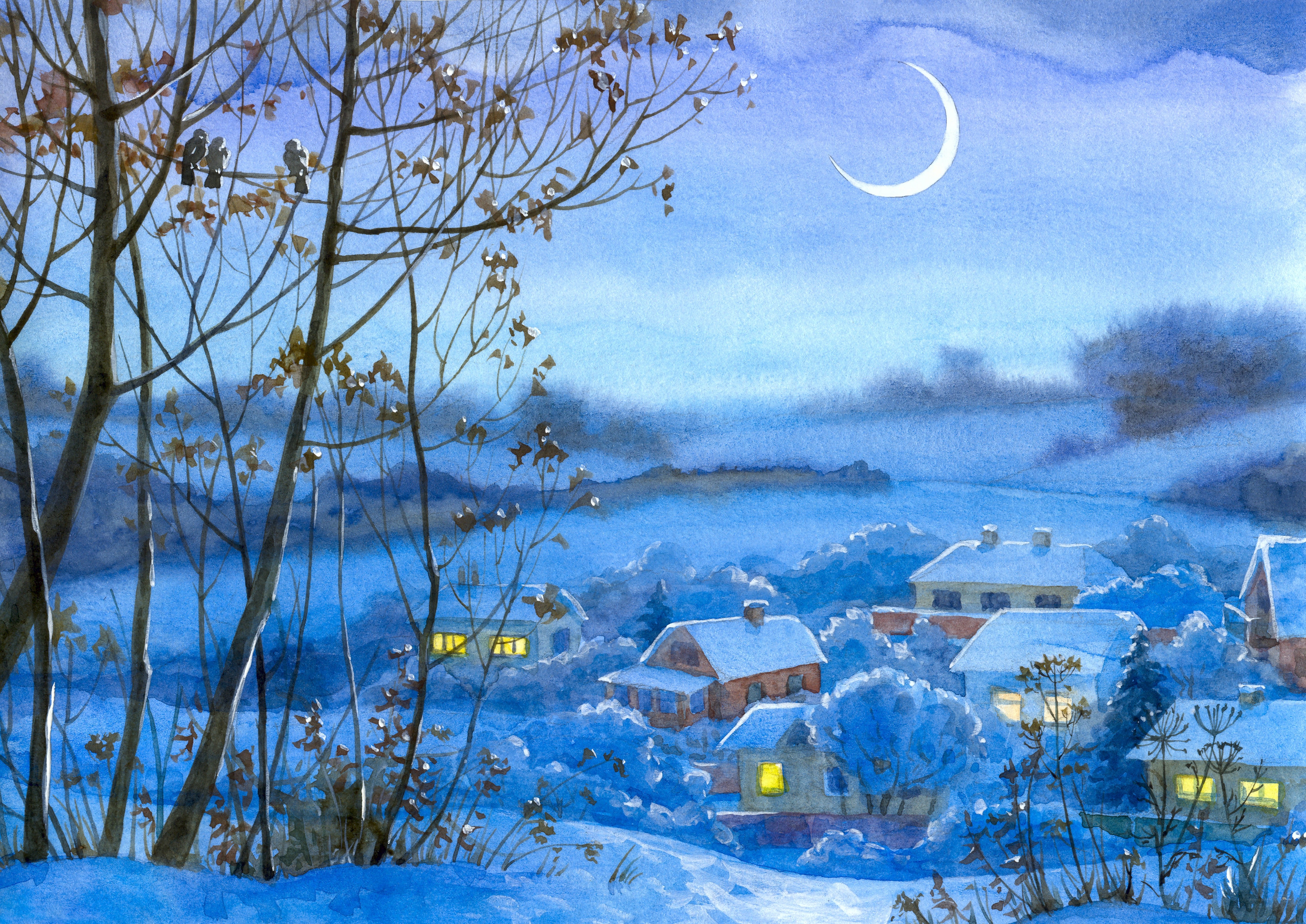 Winter village under crescent moon