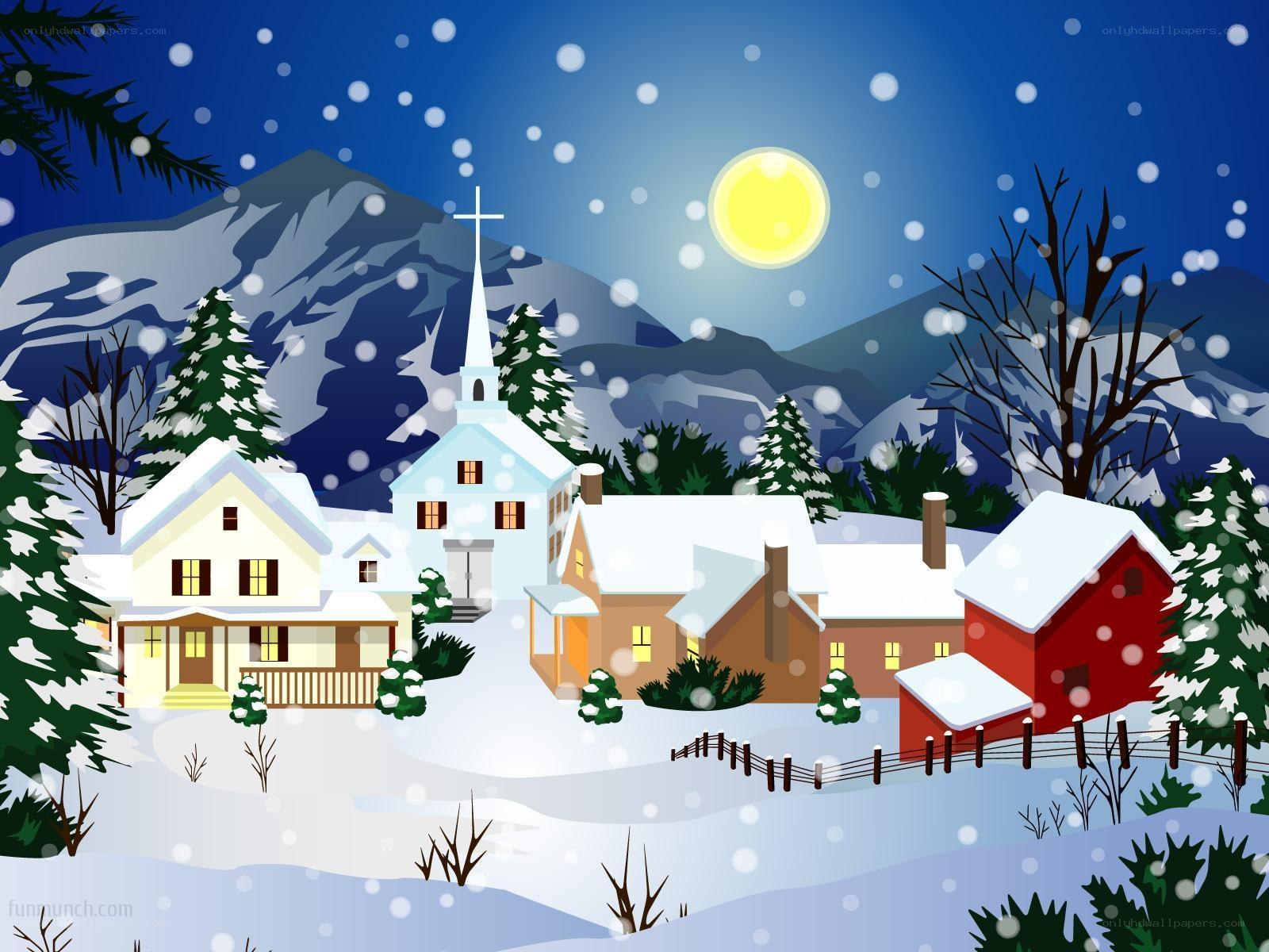 Winter village under snowfall