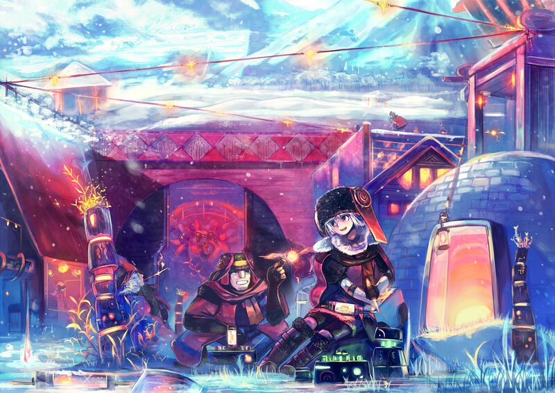 Winter village with characters