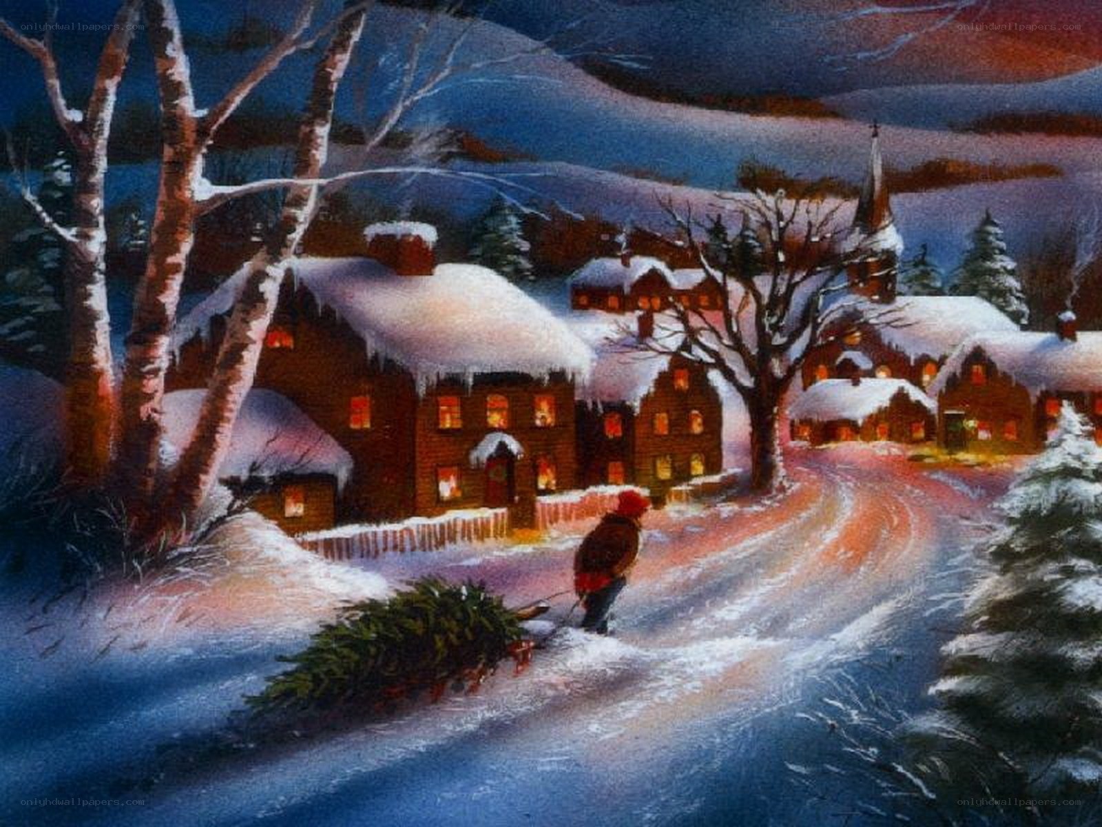Winter village with Christmas tree