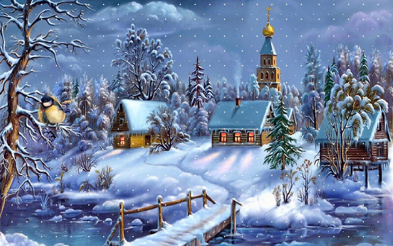 Winter village with church