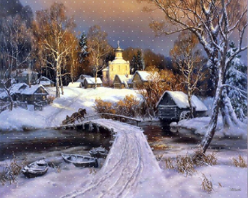 Winter village with church