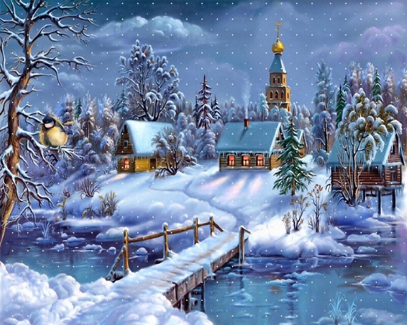 Winter village with church