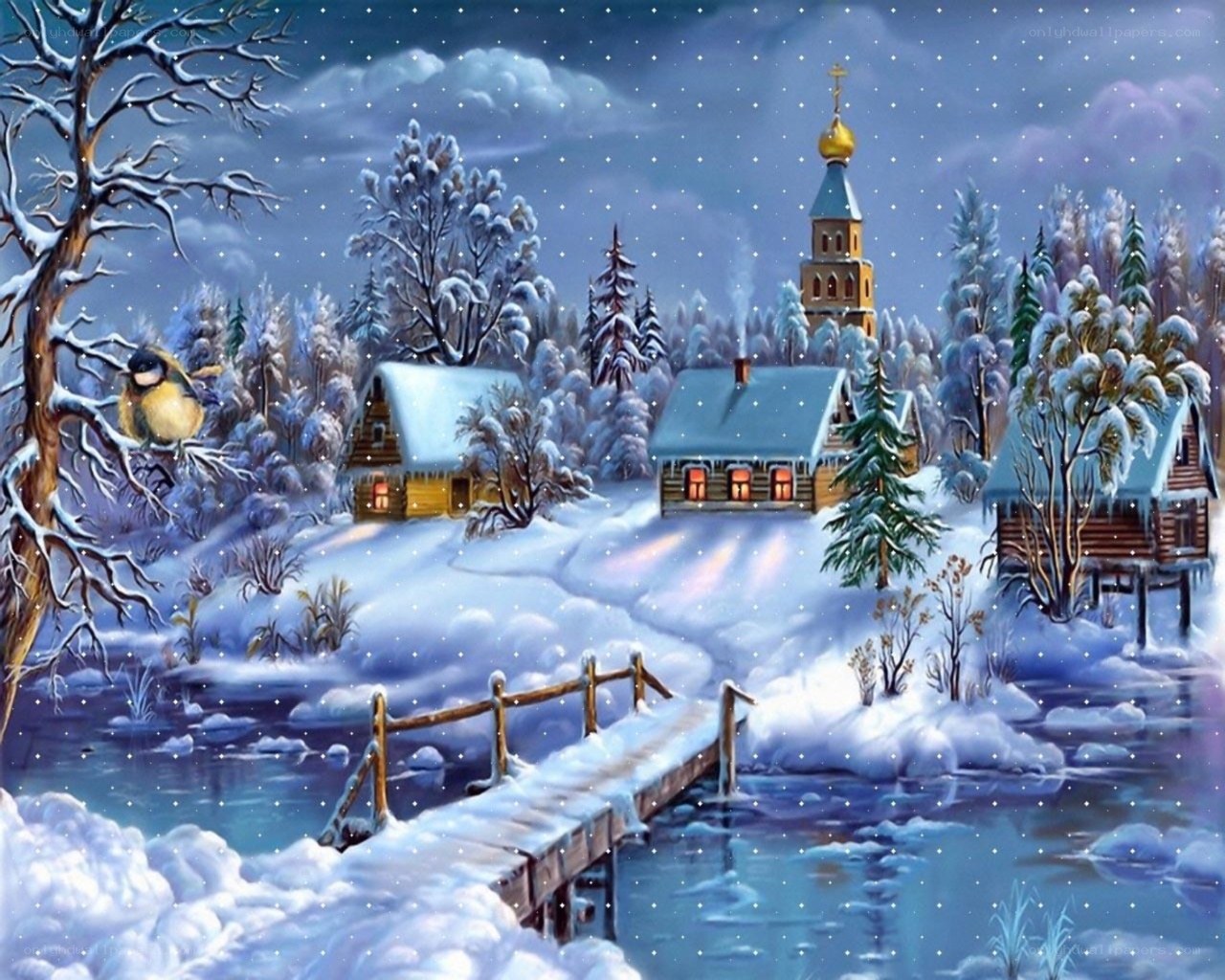 Winter village with church