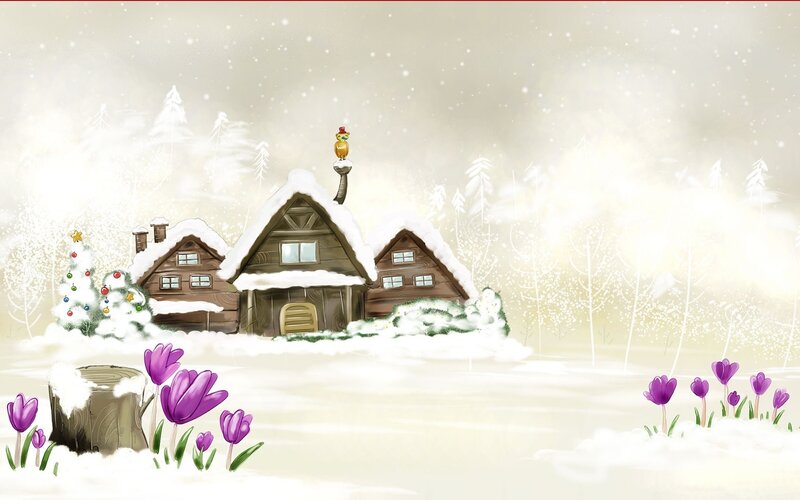 Winter village with flowers