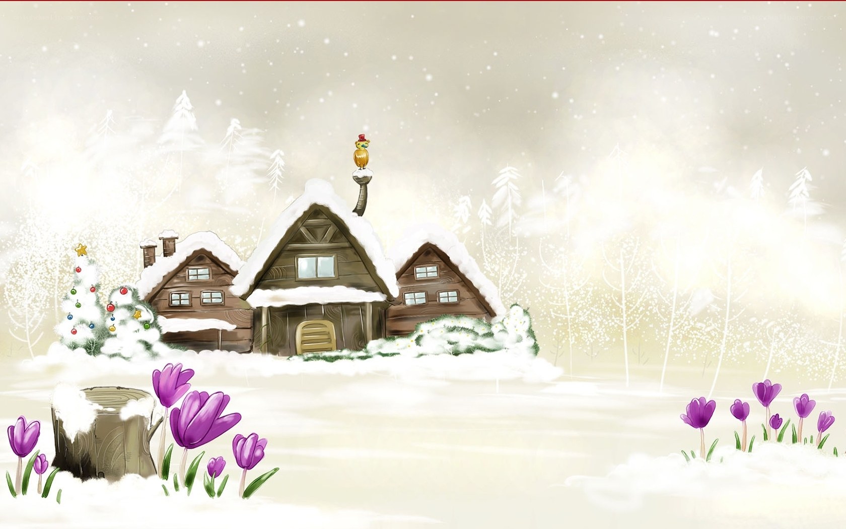Winter village with flowers