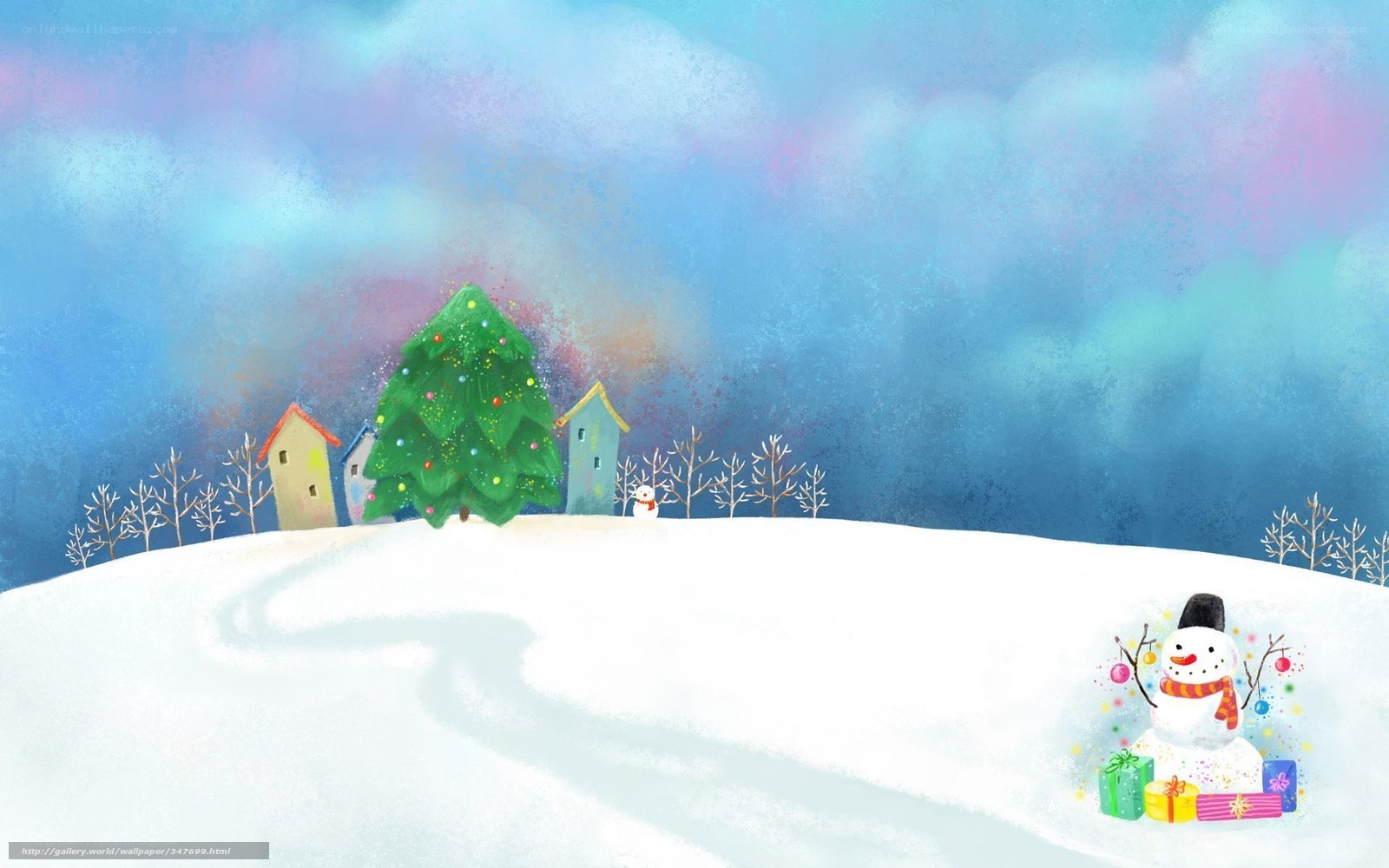 Winter village with snowman