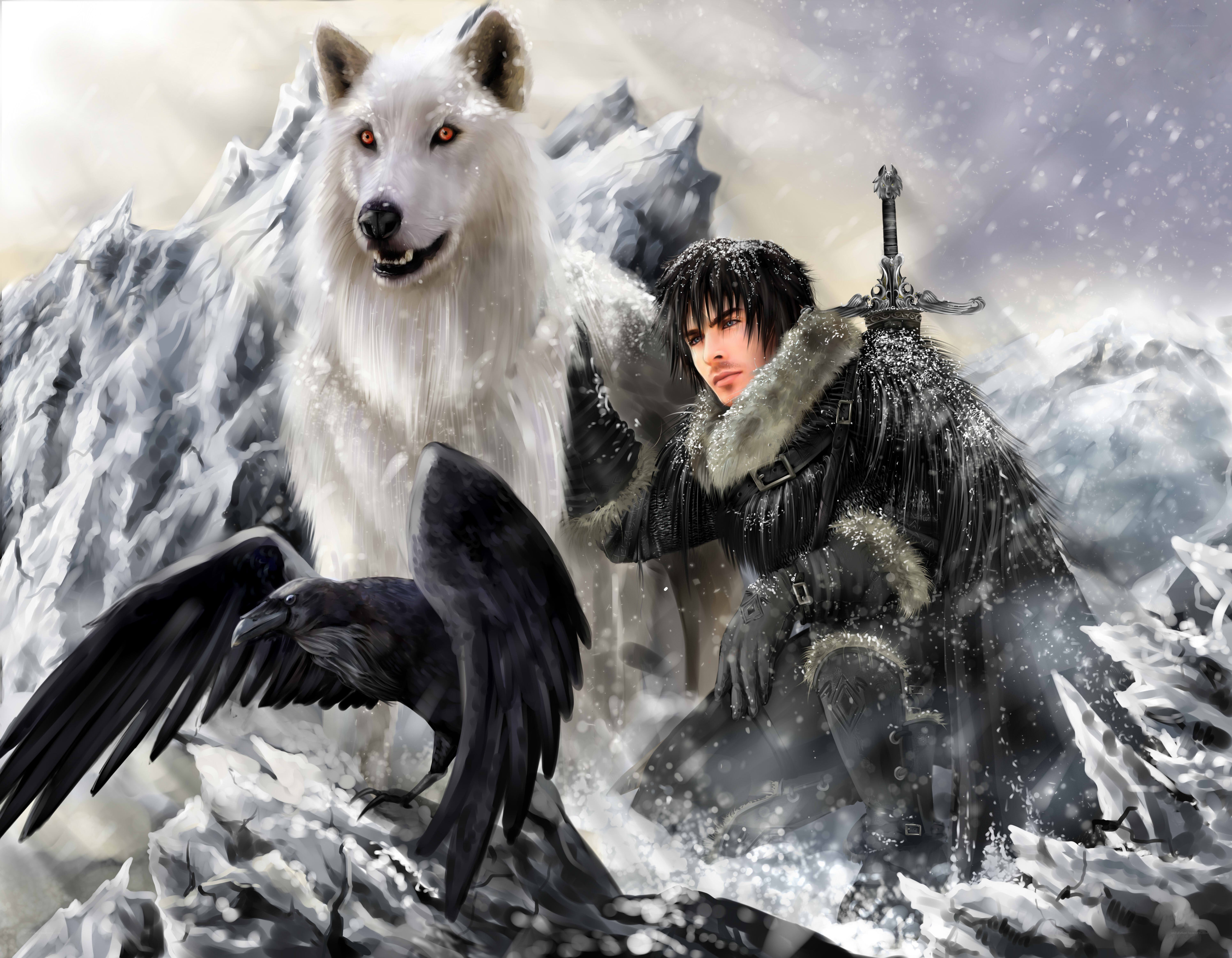 Winter warrior with wolf and raven