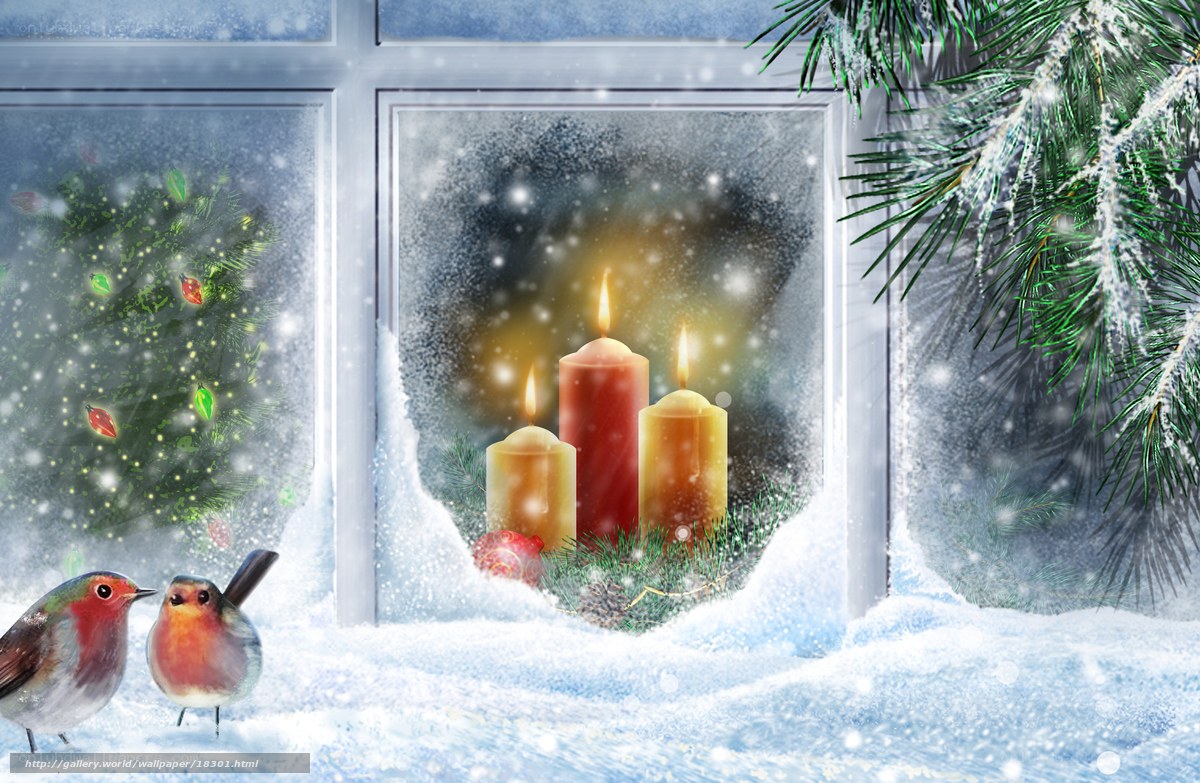 Winter window scene with candles