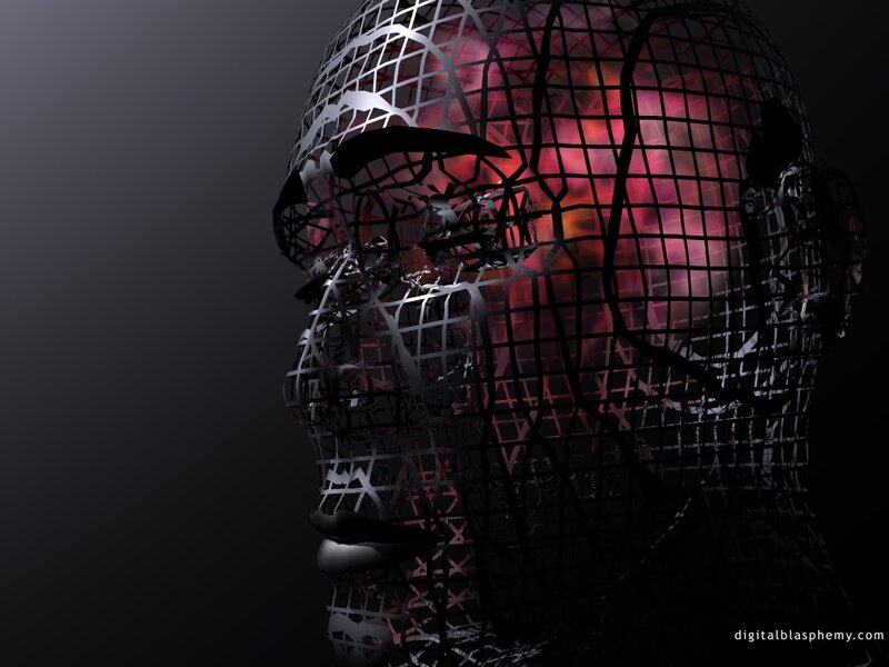 Wireframe Head with Glowing Brain — Black