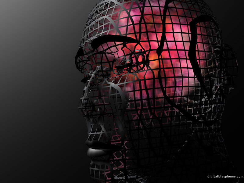 Wireframe Head with Glowing Brain