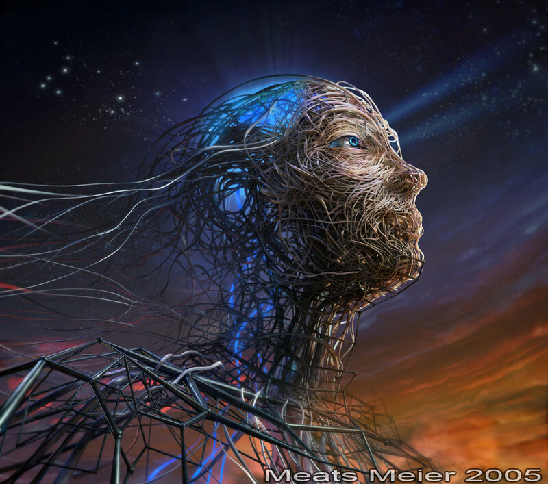 wireframe human head in space