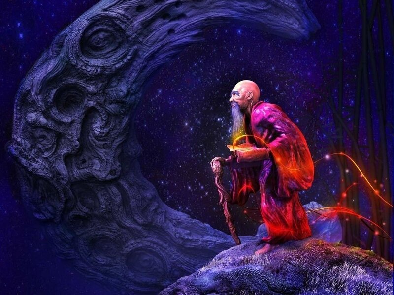 wise monk on a starry night