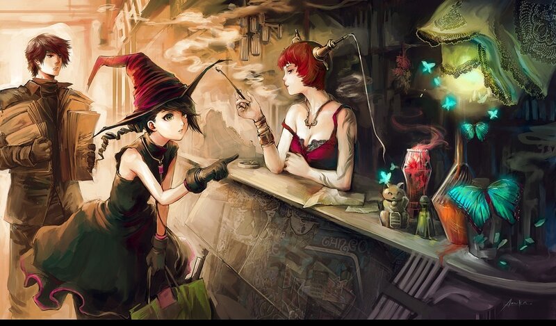 Witch and Barmaid at Counter