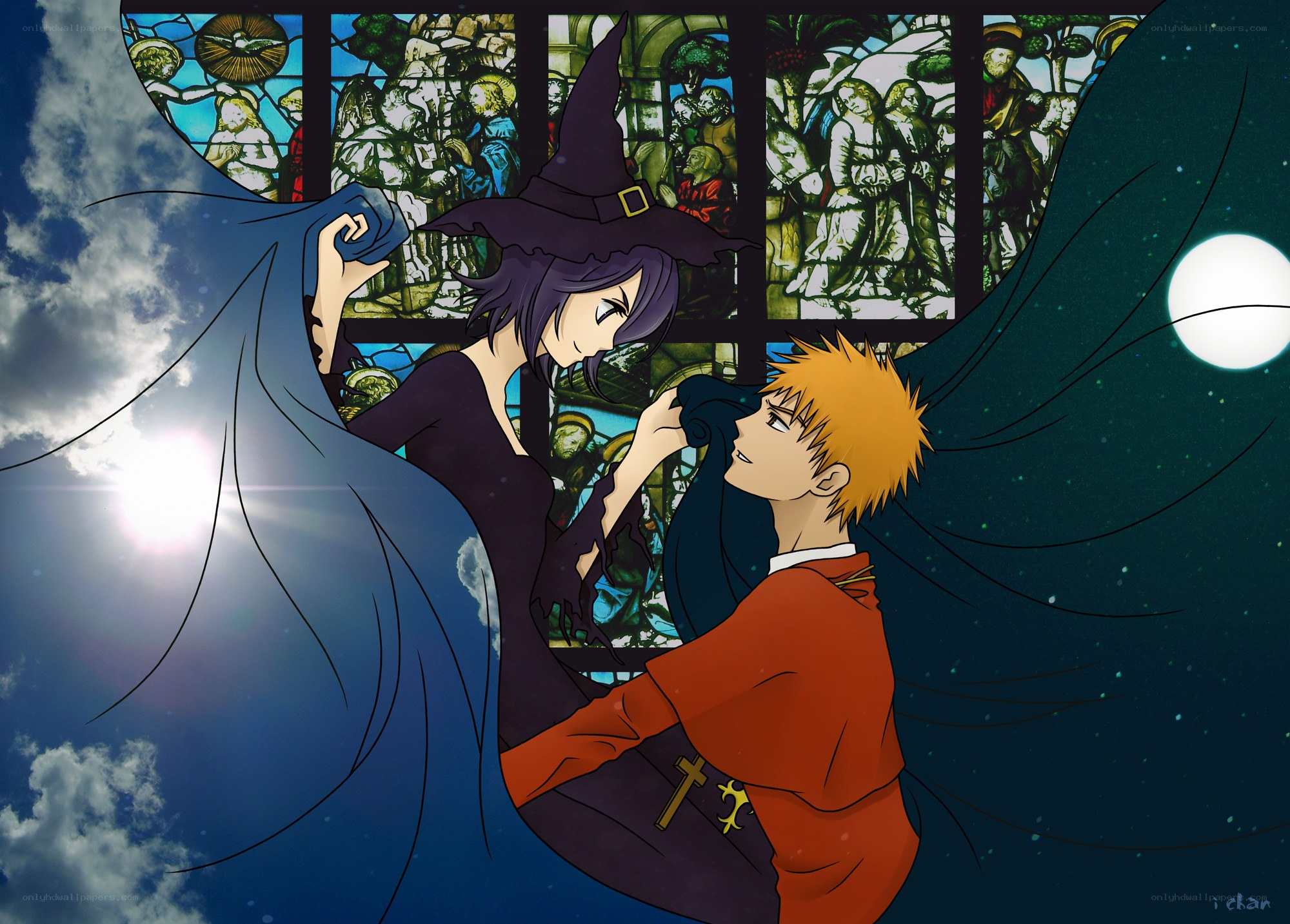witch and boy under stained glass