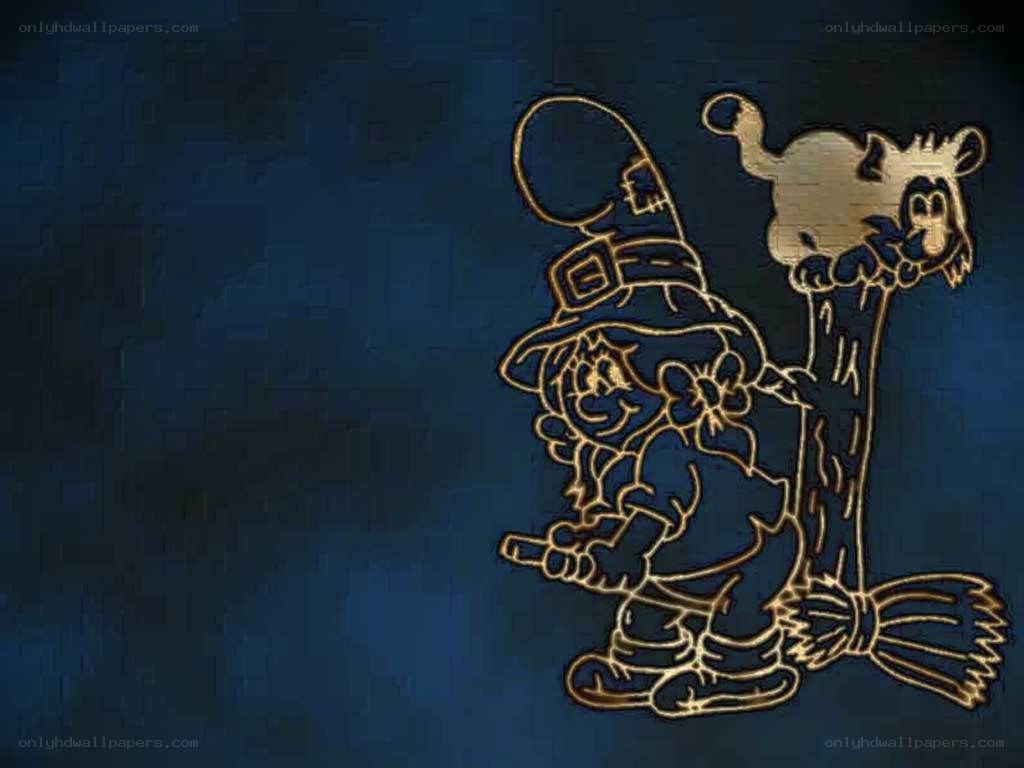 witch and cat on broomstick