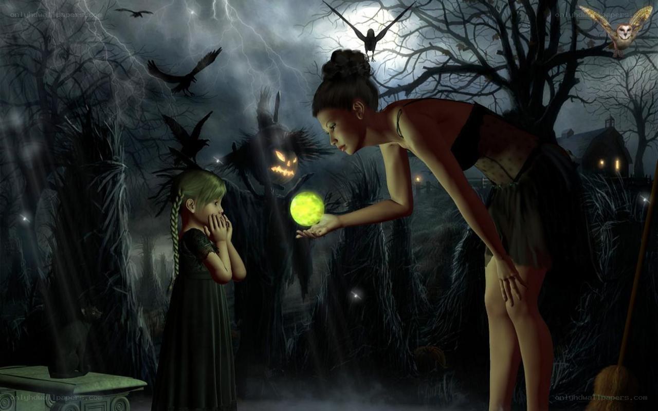 Witch and child in a haunted forest