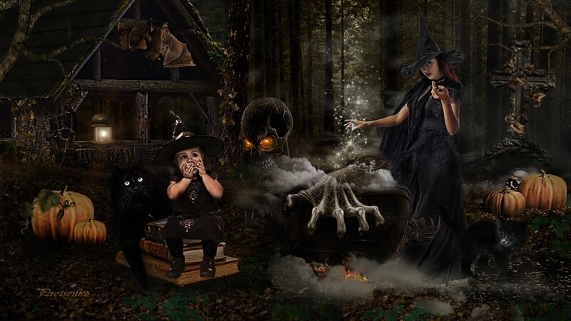 Witch and Child in Forest