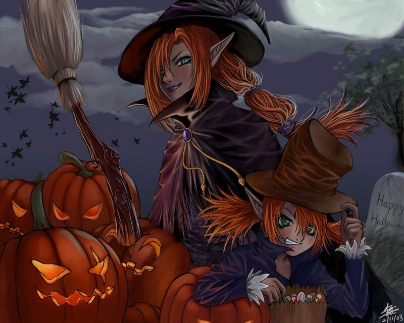 Witch and child in Halloween scene