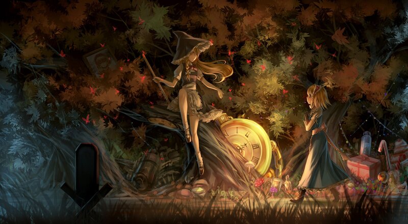 witch and girl in autumn forest