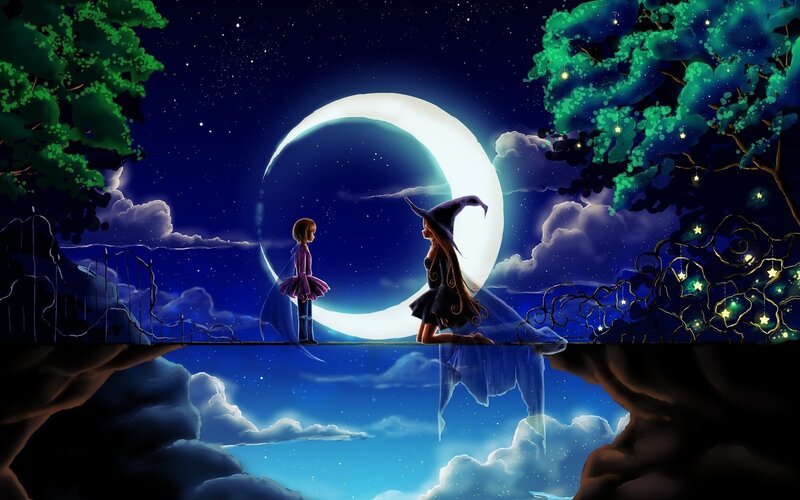 Witch and girl under the moon